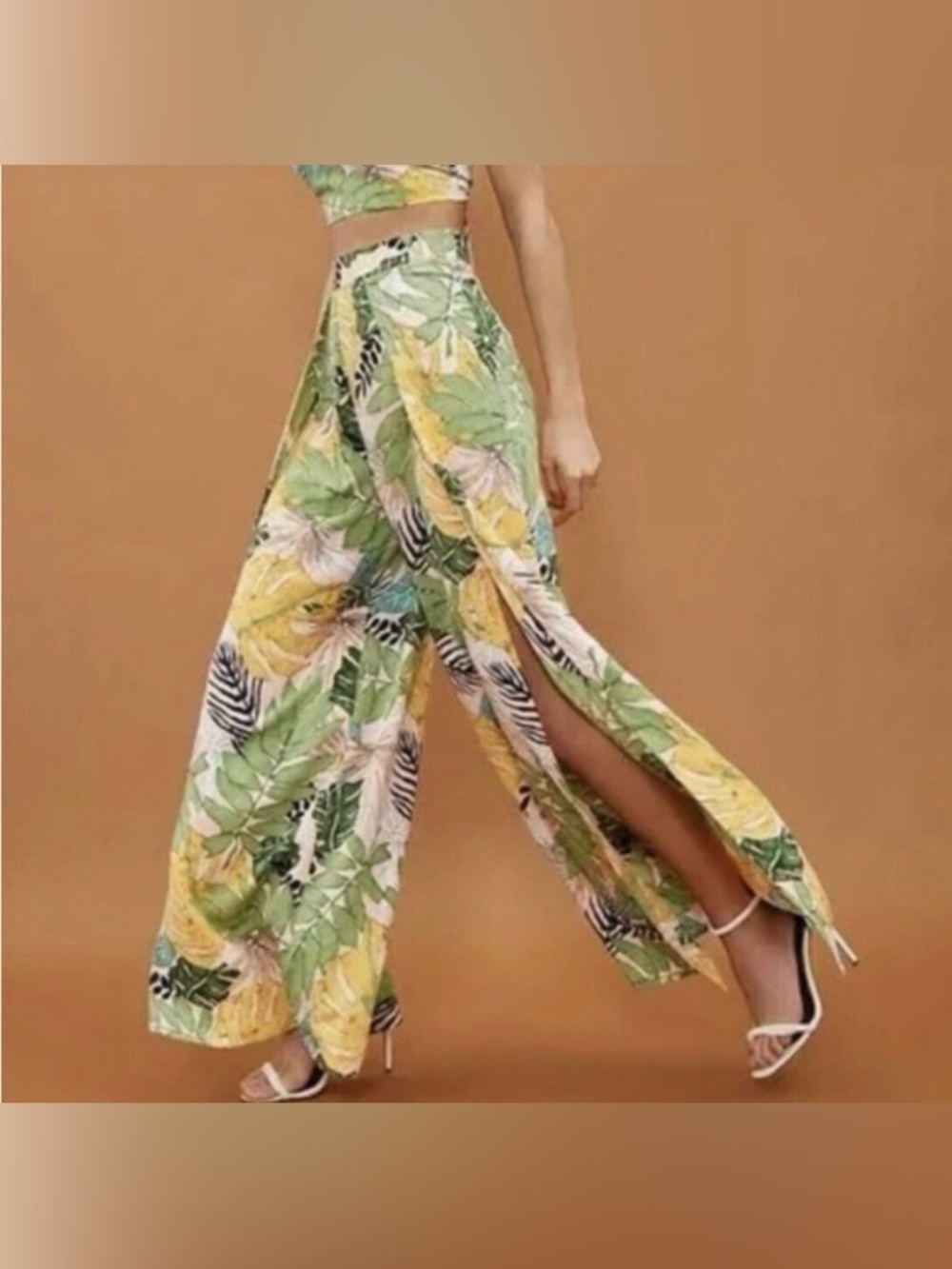 Split leg tropical floral print high waist wide leg pants